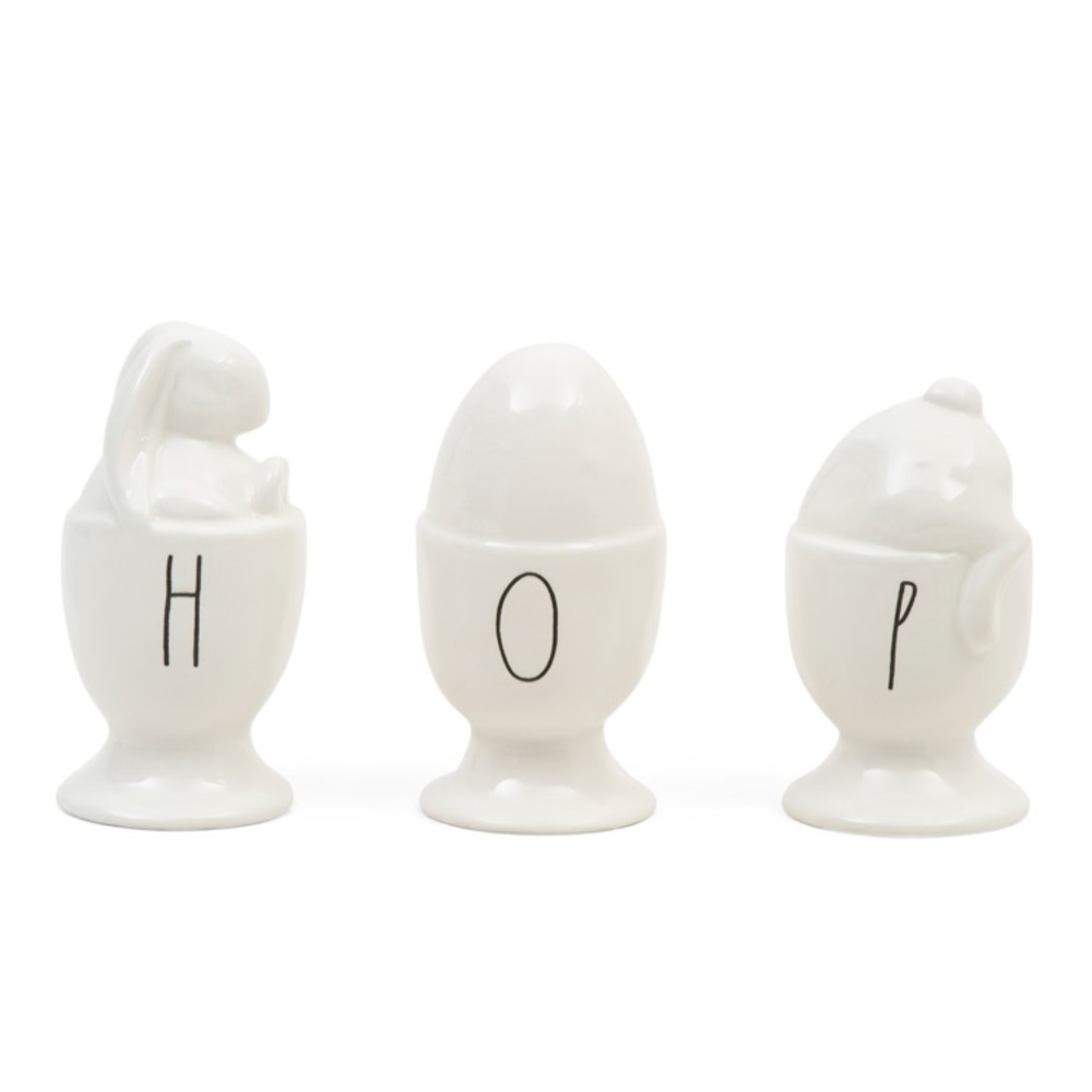 Set of 3 ceramic bunnies in egg cups Rae Dunn